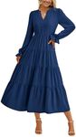 PRETTYGARDEN Women's Fall Maxi Dress Long Sleeve V Neck Tiered Ruffle Flowy A Line Cocktail Party Dresses (Dark Blue,X-Large)