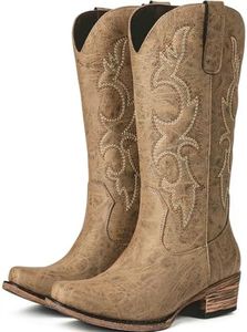 Choiran Cowboy Boots for Women - Mid Calf Cowgirl Boots Western Chunky Heel Pointed Toe Boot with Retro Embroidery, Country Concert Outfit Essentials for Rodeo Festival Camel US 12