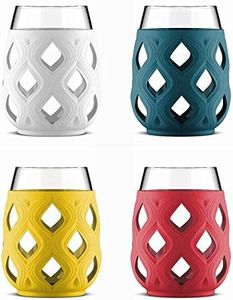 Ello Cru 17oz Stemless Wine Glass Set with Protective Silicone Sleeves, 4 Pack Cocktail Glass Perfect for Summer Patios and Parties Holiday Gifting Her Him Mother's Day, Dishwasher Safe, Mai Tai