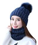 Home Prefer Womens Winter Beanie Hat Scarf Set Warm Fuzzy Knit Hat Neck Scarves, B-navy Blue, L