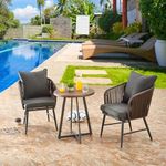 DEVOKO Patio Furniture Set, 3 Pieces Porch Backyard Garden Outdoor Furniture Chairs with Cushions and Table Wooden Top (Brown and Dark Grey)