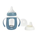 BEABA 2-in-1 Glass Baby Bottle to Glass Training Sippy Cup, Learning Cup, Baby Bottle with Soft Silicone Nipple and Sippy Spout, Baby, Toddler 7 oz, Rain