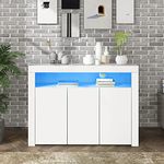 BTM High Gloss White Sideboard Display Cabinet with LED Lights, Modern 3-Door Wood Buffet Cupboard Storage Unit with Remote Control for Kitchen Living Room Dining Room Hallway