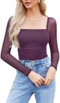 Avidlove Women's Trendy Square Neck Mesh Long Sleeve Bodysuit Ruched Body Suit Sheer Leotard Tops