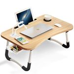 Warmiehomy Laptop Desk with USB Ports, Portable Laptop Bed Table with Foldable Legs & Cup Slot, Laptop Table for Sofa with Drawer, Small Fan&Lamp, Laptop Bed Tray for Working/Reading on Bed, Maple