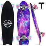 BELEEV Cruiser Skateboards for Beginners, 27 x 8 inch Complete Skateboard for Kids Teens Adults with LED Wheels, 7 Ply Canadian Maple Double Deck Concave Skateboard with Skate T-Tool(Galaxy Purple)