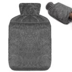 Jsdoin Hot Water Bottle with Luxury Cosy Faux Fur Cover UK, 2L Leakproof Hot Water Bag for Neck, Shoulder Pain and Hand Feet Warmer (Darkgrey)