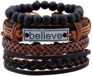 LORJE Mix 4 Wrap Men Bracelets, Hemp Cords Wood Beads Ethnic Tribal Bracelets Cuff Bracelets , Leather Wristbands Cool Bracelets (BROWN)