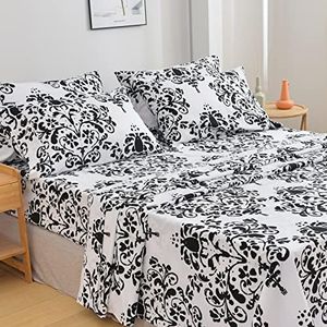 American Home Collection 6 Pieces Printed Bed Sheet Set Brushed Microfiber Wrinkle Free 14 Inches Deep Pocket Patterned Sheets (King, Black & White Damask)