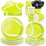 durony 144 Pieces Tennis Paper Plates and Napkins Dinnerware Set Tennis Birthday Party Tableware Supplies Includes Paper Plates Napkins Forks Serve 24 for Sports Tennis Party Supplies