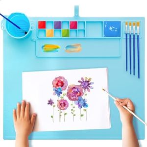 iArtker Silicone Painting Mat, 20"×16" Craft Art Mat with Cup and Lid,Non Stick Silicone Sheet for Resin, DIY, Clay, Play Doh, Blue