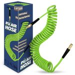 WHISPERING WONDER 1/4 in x 25 ft Air Hose with Bend Restrictor, Air Compressor Hose with 1/4 Solid 100% Pure Copper Quick Connect Fittings and I/M Plug Kit, Coiled PU Air Hoses 1/4", Green