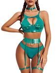 Avidlove Sexy Garter Lingerie Set for Women Push Up Lingerie Set 5 Piece Bondaged Lingerie Set Strappy Lingerie Blue Green