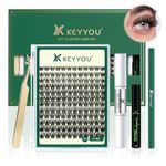 Lash Extension Kit KEYYOU 144pcs Lash Clusters Eyelash Extension Kit with Mascara Brush Bond and Seal Lash Glue Remover Lash Applicators Lash Brush Clean Pad for DIY Lash Extensions at Home (Y01 Kit)