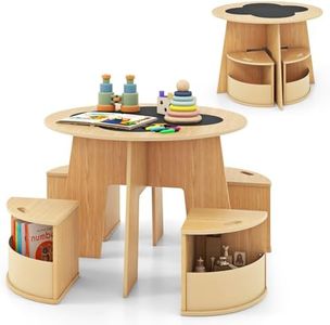 INFANS Toddler Table and Chair Set with 4 Storage Stools, Wooden Flower Shaped Nesting Table with Blackboard Drawers, Children Multi-Activity Table for Art Crafts Draw Read Boys Girls 3+ (Natural)