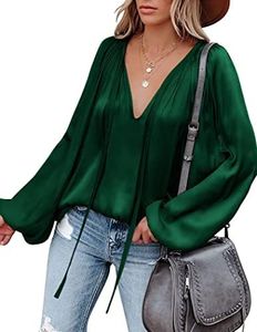 Chigant Women's Satin Silk Blouse Lantern Long Sleeve Shirts Casual V Neck Plus Size Tops S-3XL, Dark Green, Medium