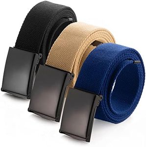 Mile High Life Cut To Fit Canvas Web Belt Size Up to 52" with Flip-Top Solid Black Military Buckle (3 Pack Black/Khaki/Blue)