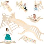 7 in 1 Pikler Triangle Set,Foldable Climbing Toys Wooden Montessori Climbing Set with Sliding Ramp&Arch Rocker for Toddlers,Climber Indoor Playground Set for Kids (Natural Wood)