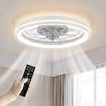 Low Profile Ceiling Fan with Light and Remote Bladeless Bedroom Ceiling Fan with Light, 20in Small Flush Mount Ceiling Fan Dimmable Modern Enclosed Ceiling Fans for Small Room