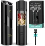 Gravity Electric Salt and Pepper Grinder Set of 2, Battery Operated, Adjustable Coarseness, One Hand Operation, Electric Pepper Grinder LED Light & Cleaning Brush by July Home