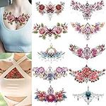 Glaryyears Chest Underboob Temporary Tattoo for Women, 10-Pack Large Floral Fake Realistic Tattoos, Long-lasting Creative Removable Tattoo Stickers, Sexy Rose Flower Tramp Stamp Sketch on Body