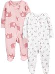 Simple Joys by Carter's Girls' Baby 2-Pack 2-Way Zip Thermal Footed Sleep and Play, Ivory, Floral/Elephants, 6-9 Months