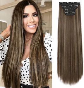 REECHO 20" Straight Long 4 PCS Set Thick Clip in on Hair Extensions Chocolate Brown with Highlights