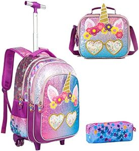 Meetbelify 3Pcs Girls Rolling Backpack with Lunch Bag Pencil Case Backpack on Wheels