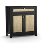 Giluta Black Sideboard Buffet, Storage Cabinet with Door and Drawer, Natural Rattan Kitchen Accent Cabinets, Free Standing Wooden Coffee Bar TV Console