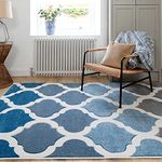 Luxury Hand Carved Geometric Navy Blue Grey Carpet Rug Thick Striped Trellis Moroccan Lounge Living Room Bedroom Hallway Mat Area Rugs 120cm x 170cm