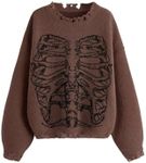 SHENHE Women's Oversized Skeleton Pattern Ripped Round Neck Sweater Pullover Coffee Brown X-Large