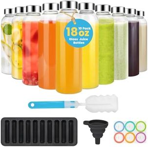 PROBTTL 18 oz Glass Juice Bottles with Lids - Refillable Clear Glass Water Bottles with Stainless Steel Airtight Caps, Drinking Juice Containers - Reusable, Dishwasher Safe, Leak Proof,10 Pack