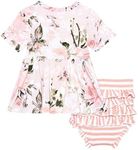 Posh Peanut Short Sleeve Basic Peplum Top & Bloomer Set - Ruffled Bummie Set - Soft Viscose from Bamboo (Vintage Pink Rose, 2T)