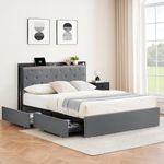 GAOMON Upholstered Bed Frame with Charging Station Headboard & 4 Storage Drawers, Platform Bed Frame Mattress Foundation with Wooden Slats Support, No Box Spring Needed, Gray, Full Size