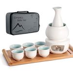 Ceramic Sake Set + Warmer Pot Bamboo Tray, Stovetop Safe Traditional Japanese Pottery Hot Saki Drink, 10-Piece Include 1 Stove 1 Warming Bowl 1 Sake Bottle 1 Tray 6 Cup + Sake Storage Gift Box (White)