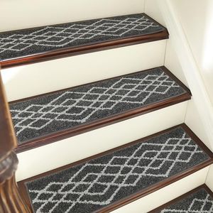 COSY HOMEER Soft Stair Treads 15pcs Non-Slip Carpet Mat 28inX9in Indoor Stair Runners for Wooden Steps,Stair Rugs for Kids and Dogs, 100% Polyester TPE Backing Black,Rhombus