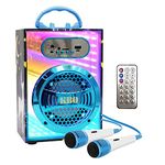 KBQ Kids Bluetooth Karaoke Machine with 2 Microphones, Portable Wireless Karaoke Speaker Home Karaoke System with Mirror Surface Colorful Light for Children and Adults Party (Blue)