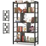 Cyclysio 61 Adjustable Inches Bookshelf, 5-Tier Industrial Bookshelf, Tall Wooden Bookshelf with Shelves, Large Modern Bookcase with Metal Frame, Grey