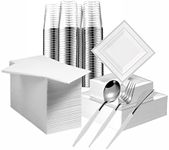 BloominGoods Gold Disposable Plates Set For 50 Guest - 350 Piece Silver Plastic Dinnerware 100 Rimmed Square Plates, Cups, Paper Napkins, Silverware Set, White/Silver (BG-PRTPQ-WSR/L50)