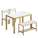 soges 4 Pieces Dining Table Set, White Faux Marble Table Set for 4, 43.3 inch Dining Set with 2 Chairs and Bench with Storage Rack, Nesting Furniture Set for Dining Room, Kitchen, 10FJGSCZ1008GL-CA