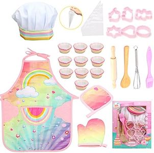 GIFTRRTOY Real Kids Cooking and Baking Set - 26 Pcs Kids Chef Role Play Costume Set Includes Rainbow Apron, Chef Hat, Cooking Mitt, Utensils, Cupcake Molds for Toddler Boys and Girls Ages 3+