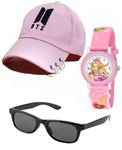 Cron Unisex BTS Ring Kids Cotton Sports Cap & Sunglass & Watch Summer Gift Hat for Boys & Girls Suitable for Age 5 to 12 Years (Pack of 3) (Pink)