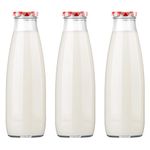 Danmu Art - 500ml Glass Milk Bottles with Lids - Retro Red Gingham Lids - Juice Milk Jam Airtight Storage Dispenser Bottles Set of 3