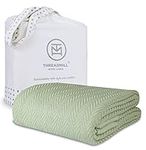 Threadmill Luxury Cotton Blankets for King Size Bed | All-Season Cozy 100% Cotton King Size Blanket | Herringbone Soft & Lightweight Fall Thermal Blanket fits California King Size Bed | Sage Green