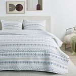 Full Queen Floral Striped Quilt Coverlet & Pillow Shams | Navy & White Spring Bedding Sets| 3-Piece Reversible Summer Cottagecore Bedspread | Lightweight Quilt Set (F / Q, Floral Patterned Stripe)