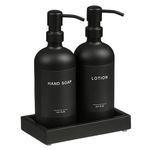 Glass Soap Dispenser with Pump and Concrete Tray | Vintage Soap Dispenser Bathroom and Kitchen Set w. Dish Soap, Hand Soap, Lotion Waterproof Labels (Black Bottles/Black Tary)