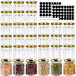 BIGIVACA 30 Pack 3 oz Hexagon Glass Jars with Gold Lids,90 ml Clear Small Jars,Mini Mason Jars,Canning Jars Honey Jars for Jams,Herb, Wedding Favors, Craft.1 Pen and 80 Labels Included.