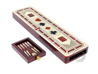 House of Cribbage 3 Track Continuous Cribbage Board Inlaid in Maple Wood/Bloodwood - Size: 12.5" - Wood Inlaid Card Symbols (Suits) + Storage Drawer for Cribbage Pegs