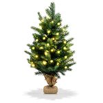 Goplus 2ft Pre-Lit Tabletop Christmas Tree, Small Artificial Spruce Tree w/ 35 LED Lights, Timer & Burlap Base, Battery Operated Mini Xmas Tree for Home Office Shop Decoration