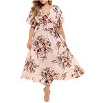 Today's Deals of The Day Womens Floral Print Maxi Dress Plus Size Wrap Dresses Sexy Casual High Waist Long Dress Flowy Summer Midi Dress(Pink,XX-Large)